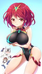 Rule 34 | 2girls, animal ears, bad id, bad twitter id, black hair, breasts, competition swimsuit, covered navel, crossette (xenoblade), earrings, fingerless gloves, fireworks, gloves, highres, jewelry, looking at viewer, multicolored clothes, multicolored hair, multiple girls, nintendo, one-piece swimsuit, open mouth, pyra (pro swimmer) (xenoblade), pyra (xenoblade), red hair, red shorts, short hair, shorts, simple background, smile, swept bangs, swimsuit, tavn, tiara, white background, white hair, xenoblade chronicles (series), xenoblade chronicles 2