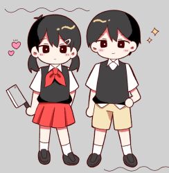 Rule 34 | 1boy, 1girl, arm behind back, black footwear, black hair, black vest, blush stickers, brown eyes, chibi, cleaver, closed mouth, collared shirt, expressionless, genderswap, genderswap (mtf), grey background, hair between eyes, hand on own hip, heart, holding cleaver, hoshidashiki, looking at viewer, mob face, neckerchief, omori, pleated skirt, red neckerchief, red skirt, shirt, short hair, short twintails, shorts, simple background, skirt, smile, socks, sparkle, sunny (omori), twintails, vest, white shirt, white socks, yellow shorts