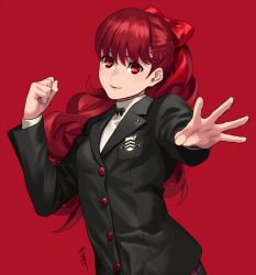 Rule 34 | 1girl, bad id, bad pixiv id, black jacket, bow, clenched hand, floating hair, hair between eyes, hair bow, jacket, long hair, long sleeves, looking at viewer, matching hair/eyes, outstretched arm, parted lips, persona, persona 5, persona 5 the royal, red background, red bow, red eyes, red hair, school uniform, simple background, smile, solo, sora yoshitake yuda, sweater, turtleneck, turtleneck sweater, upper body, very long hair, white sweater, yoshizawa kasumi