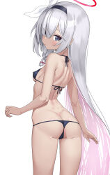 Rule 34 | 1girl, absurdres, ass, back, bare shoulders, bikini, black bikini, black hairband, blue archive, bow hairband, braid, breasts, colored inner hair, covered erect nipples, grey eyes, hair over one eye, hairband, halo, highres, kido airaku, long hair, looking at viewer, looking back, multicolored hair, pink hair, plana (blue archive), red pupils, side braid, small breasts, solo, swimsuit, thighs, very long hair, white hair