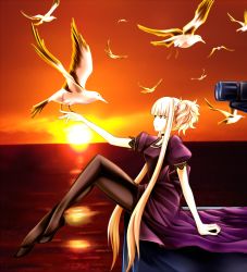 Rule 34 | 10s, 1girl, aoki hagane no arpeggio, bird, blonde hair, dress, exis, kongou (aoki hagane no arpeggio), long hair, pantyhose, red eyes, seagull, solo, sunset, twintails, two side up
