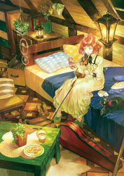 Rule 34 | 1girl, animal, attic, bed, black cat, book, bow (music), box, cardboard box, cat, chair, commentary request, cookie, cup, desk, dress, envelope, food, green eyes, green theme, holding, holding instrument, holding letter, holding violin, indoors, instrument, lantern, letter, light particles, loafers, long sleeves, looking away, mug, noki (affabile), original, pillow, plant, plate, potted plant, puffy long sleeves, puffy sleeves, red hair, room, roomscape, shoes, short hair, sitting, slippers, solo, stuffed animal, stuffed toy, suitcase, table, teddy bear, unworn shoes, violin, violin case, white dress, yellow theme