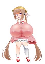 Rule 34 | 1girl, blush, breasts, brown hair, full body, gigantic breasts, highres, huge breasts, impossible clothes, impossible shirt, long hair, long sleeves, looking at viewer, oppai loli, parmiria, shirt, simple background, sleeves past fingers, sleeves past wrists, solo, thick thighs, thighs, tight clothes, tight shirt, tsukuyomi ai, twintails, very long hair, voiceroid, white background, yellow headwear