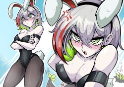 Rule 34 | 1girl, anger vein, angry, animal ears, bare shoulders, black leotard, black nails, blush, breasts, cleavage, collarbone, cowboy shot, crossed arms, diabellstar the black witch, duel monster, earrings, embarrassed, fake animal ears, fake tail, green eyes, green hair, grey hair, highleg, highleg leotard, highres, jewelry, kraus-illustration, large breasts, leotard, looking at viewer, medium hair, multicolored hair, nail polish, open mouth, pale skin, pantyhose, playboy bunny, rabbit ears, rabbit tail, red hair, solo, sweat, tail, upper body, yu-gi-oh!