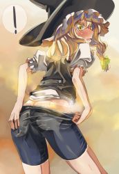 Rule 34 | !, 1girl, ass, bike shorts, bike shorts pull, blonde hair, blush, butt crack, from behind, hat, kirisame marisa, looking back, solo, spoken exclamation mark, steam, sweat, touhou, witch hat, yellow eyes, yohane