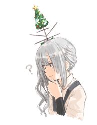 Rule 34 | 10s, 1girl, ?, antennae, arm warmers, bad id, bad twitter id, bauble, blush, christmas ornaments, christmas tree, christmas wreath, grey hair, hair ribbon, hand on own chin, headgear, jpeg artifacts, kantai collection, kasumi (kancolle), keionism, long hair, ribbon, school uniform, serafuku, shaded face, shirt, side ponytail, simple background, solo, star (symbol), suspenders, thinking, upper body, white background, wreath