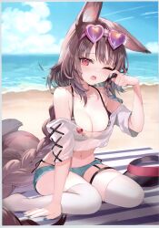 Rule 34 | 1girl, absurdres, animal ears, bare shoulders, beach, blue sky, braid, breasts, brown hair, cleavage, cloud, cloudy sky, eyewear on head, fang, fox ears, fox girl, fox tail, heart, heart-shaped eyewear, highres, kitsune-chan (momoko), long hair, looking at viewer, momoko (momopoco), navel, off shoulder, one eye closed, open mouth, original, outdoors, red eyes, scan, short sleeves, shorts, sitting, sky, solo, swimsuit, tail, tearing up, thigh strap, thighhighs, wariza, white thighhighs