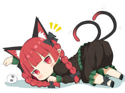 Rule 34 | 1girl, :/, animal ear fluff, animal ears, blush, braid, cat ears, cat tail, chibi, commentary request, crys (dai), extra ears, from behind, kaenbyou rin, long hair, looking at viewer, looking back, multiple tails, nekomata, notice lines, paw pose, pointy ears, red eyes, red hair, simple background, skull, solo, tail, top-down bottom-up, touhou, twin braids, twintails, two tails, white background