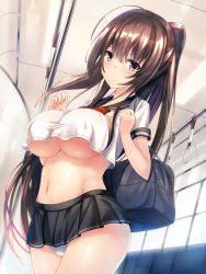 Rule 34 | 1girl, absurdres, ahoge, bag, black skirt, blouse, blue eyes, blush, bow, bowtie, breasts, brown hair, commentary request, crop top, from side, hair between eyes, hands up, highres, holding, holding bag, large breasts, legs together, liya, long hair, looking at viewer, microskirt, midriff, navel, no bra, original, panties, parted lips, pleated skirt, ponytail, red bow, red bowtie, school bag, school uniform, serafuku, shirt, short sleeves, skirt, sleeve cuffs, solo, standing, taut clothes, taut shirt, train interior, underboob, underwear, very long hair, white panties, white shirt