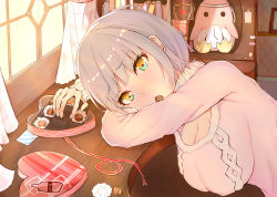 Rule 34 | 1girl, arm pillow, bad id, bad pixiv id, box, breasts, chocolate, clock, curtains, deck, eating, from side, gift, gift box, happy valentine, heart-shaped box, indoors, large breasts, leaning on object, looking at viewer, original, pink sweater, shelf, sherryqq, short hair, solo, sweater, twisted neck, upper body, valentine, white hair, window, yellow eyes