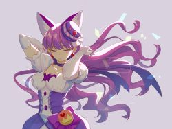 Rule 34 | 1girl, animal ears, breasts, camembert chizuko, cat ears, choker, cleavage, closed mouth, collarbone, cure macaron, earrings, elbow gloves, floating hair, food-themed hair ornament, gloves, grey background, hair ornament, half-closed eyes, jewelry, kirakira precure a la mode, kotozume yukari, long hair, macaron hair ornament, magical girl, medium breasts, precure, purple choker, purple eyes, purple hair, simple background, smile, solo, standing, very long hair, white gloves