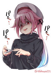 Rule 34 | 1girl, applying manicure, beret, black sweater, blue hair, blush, clipping nails, commentary request, ebifurya, gradient hair, hair between eyes, hair flaps, hair ornament, hairclip, harusame (kancolle), hat, highres, kantai collection, long sleeves, multicolored hair, open mouth, pink hair, red eyes, side ponytail, simple background, solo, sweater, translation request, white background
