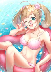 Rule 34 | 1girl, ;d, adjusting eyewear, ahoge, anoa, arm up, armpits, bare arms, bare shoulders, bikini, breasts, brown hair, cleavage, collarbone, commentary request, day, gem, glint, green eyes, hair ornament, head tilt, heart, heart-shaped eyewear, highres, idolmaster, idolmaster cinderella girls, innertube, large breasts, looking at viewer, nail polish, navel, one eye closed, open mouth, parted bangs, pearl (gemstone), petals, petals on liquid, pink bikini, pink nails, reclining, sato shin, shell, short hair, sidelocks, smile, solo, stomach, sunglasses, swim ring, swimsuit, tareme, teeth, twintails, upper teeth only, water, wet