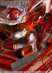 Rule 34 | 1boy, bodysuit, cape, clenched hand, copyright name, curly eyebrows, english text, fire, gauntlets, hair over one eye, hand on own arm, male focus, medium hair, numbered, official art, one piece, open mouth, red bodysuit, red hair, ryudaman, smile, squatting, sunglasses, teeth, upper teeth only, vinsmoke ichiji, white cape