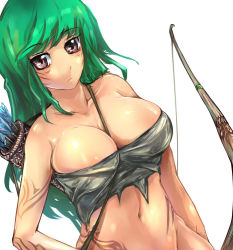 Rule 34 | 1girl, amazon warrior, arrow (projectile), bad id, bad pixiv id, bare shoulders, between breasts, bow (weapon), breasts, brown eyes, cleavage, collarbone, dutch angle, facial mark, female focus, green hair, huge breasts, long hair, looking at viewer, navel, original, quiver, serious, simple background, solo, strapless, suoni (deeperocean), tattoo, weapon, white background