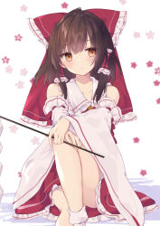 Rule 34 | 1girl, bare shoulders, blush, bow, brown eyes, brown hair, closed mouth, collared shirt, commentary request, detached sleeves, floral background, frilled bow, frilled shirt collar, frilled skirt, frills, gohei, hair between eyes, hair bow, hair tubes, hakurei reimu, highres, holding, knee up, long hair, long sleeves, purin jiisan, red bow, red shirt, red skirt, shirt, sitting, skirt, skirt set, sleeveless, sleeveless shirt, sleeves past wrists, socks, solo, touhou, white background, white sleeves, white socks, wide sleeves