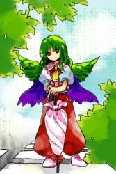 Rule 34 | 1girl, ascot, closed mouth, commentary request, day, flat chest, green hair, green wings, highres, holding, holding umbrella, kaigen 1025, kazami yuuka, looking at viewer, multiple wings, no nose, open clothes, open vest, outdoors, parasol, purple wings, red eyes, red vest, seihou, shirt, socks, solo, umbrella, vest, white shirt, white socks, white umbrella, wings, yellow ascot