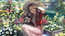Rule 34 | 1girl, aerith gainsborough, bracelet, bridge, brown hair, commentary request, cropped jacket, dirty, dirty face, dress, final fantasy, final fantasy vii, final fantasy vii remake, flower, flower bed, gainsborough house, garden, gardening, hat, holding, holding flower, jacket, jewelry, lily pad, long dress, long hair, looking at viewer, necklace, open mouth, outdoors, pink dress, planter, red jacket, sasumata jirou, smile, smudge, solo, square enix, squatting, straw hat, sun hat, water, wiping forehead