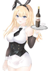 Rule 34 | 1girl, absurdres, animal ears, astoria (azur lane), astoria (black bunny carnival) (azur lane), azur lane, bare shoulders, black corset, black neckwear, blonde hair, blue eyes, bottle, buttons, corset, detached sleeves, double-breasted, fake animal ears, highres, holding, holding tray, leotard, long hair, official alternate costume, playboy bunny, shirt, skirt, solo, sutaa, tray, white shirt, white skirt, wine bottle