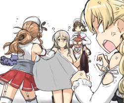 Rule 34 | 10s, 5girls, ?, @ @, anger vein, ashigara (kancolle), bare shoulders, blanket, blonde hair, blush, bottle, brown eyes, brown hair, censored nipples, chitose (kancolle), convenient censoring, covering another&#039;s eyes, covering own eyes, covering with blanket, curly hair, detached sleeves, drunk, garter belt, glasses, grey eyes, grey hair, hamu koutarou, hat, highres, holding, jun&#039;you (kancolle), kantai collection, libeccio (kancolle), littorio (kancolle), multiple girls, nude, open mouth, pola (kancolle), red hair, revision, roma (kancolle), skirt, thighhighs, twintails, wine bottle, zara (kancolle)