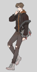 Rule 34 | 1boy, absurdres, bag, black jacket, blue eyes, blush, boots, brown hair, brown pants, clenched hand, commentary, cross-laced footwear, denim, english commentary, food, full body, grey background, grey bag, grey footwear, grey stripes, highres, holding, holding food, holding pocky, hood, hood down, hoodie, jacket, jeans, long sleeves, looking at viewer, maosishu, open clothes, open jacket, open mouth, orange hoodie, original, pants, pocky, puffy long sleeves, puffy sleeves, school bag, short hair, torn clothes, torn jeans, torn pants