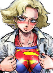 Rule 34 | 1girl, artist request, blonde hair, blue eyes, blush, breasts, dc comics, female focus, jacket, kryptonian, short hair, simple background, solo, supergirl, superman (series), tagme, white background