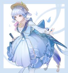 Rule 34 | 1girl, ayaka (genshin impact), blue bow, blue dress, blue eyes, blue hair, bow, braid, bug, butterfly, butterfly ring, commentary request, dress, flower, genshin impact, hair flower, hair ornament, hat, highres, insect, kamisato ayaka (springbloom missive), light blue hair, miliya, solo, tassel