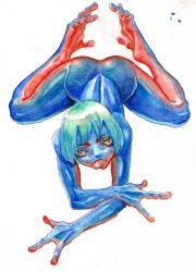 Rule 34 | 1girl, ass, back, blue skin, colored skin, frog, frog girl, full body, green hair, kanemaki thomas, lying, monster girl, nude, on stomach, original, painting (medium), short hair, soles, solo, tongue, tongue out, traditional media, watercolor (medium), webbed feet, webbed hands, yellow eyes
