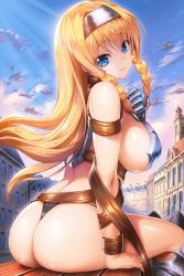 Rule 34 | 1girl, armor, armored boots, ass, back, belt, bikini armor, black panties, blonde hair, blue eyes, boots, braid, breasts, closed mouth, day, floating hair, gauntlets, greaves, hair ornament, hairband, headband, headgear, large breasts, leina (queen&#039;s blade), leina (queen&#039;s blade unlimited), long hair, looking at viewer, official art, outdoors, panties, queen&#039;s blade, queen&#039;s blade unlimited, queen&#039;s blade white triangle, revealing clothes, side braids, sideboob, sidelocks, single gauntlet, sitting, smile, solo, thighs, thong, underwear, warrior