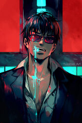 Rule 34 | 1boy, artist name, black hair, black jacket, collarbone, collared shirt, cross, cross punisher, dripping, facial hair, highres, jacket, large cross, looking at viewer, male focus, mouth hold, nicholas d. wolfwood, open mouth, partially unbuttoned, red background, shirt, short hair, solo, sunglasses, teeth, teeth hold, trigun, trigun stampede, upper body, v-shaped eyebrows, vial, white shirt, yuumei