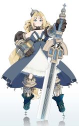 Rule 34 | 1girl, blonde hair, blue eyes, blush, closed mouth, collar, commentary request, cross, dress, elbow gloves, full body, gloves, hand on own hip, hat, highres, holding, holding sword, holding weapon, long hair, looking at viewer, original, outstretched arm, reflection, reflective floor, shiomiya iruka, smile, solo, standing, strapless, strapless dress, sword, themed object, very long hair, weapon, white dress