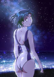 Rule 34 | 1girl, ass, back cutout, beack, bishoujo senshi sailor moon, blue hair, blue one-piece swimsuit, clothing cutout, cloud, ear piercing, from behind, kaze no ryuuryuu, looking back, mizuno ami, night, ocean, one-piece swimsuit, outdoors, piercing, short hair, sky, solo, sparkle, standing, star (sky), starry sky, swimsuit, two-tone one-piece swimsuit, white one-piece swimsuit