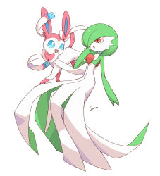 Rule 34 | 1girl, artist name, blue sclera, bob cut, bow, bowtie, colored sclera, colored skin, creatures (company), eye contact, fang, female focus, flat chest, full body, game freak, gardevoir, gen 3 pokemon, gen 6 pokemon, green hair, green skin, hair bow, hair over one eye, hand to own mouth, hand up, happy, highres, looking at another, multicolored skin, nintendo, one eye covered, open mouth, pink bow, pink bowtie, pokemon, pokemon (creature), red eyes, ribbon, sena (jcwe4828), short hair, signature, simple background, smile, sylveon, two-tone skin, white background, white eyes, white ribbon, white skin