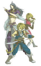 Rule 34 | 00s, 1girl, 2boys, belt, black shirt, blonde hair, blue eyes, blue pants, boots, breasts, brother and sister, brothers, closed mouth, coko, dagger, dual wielding, facing viewer, family, feathers, fighting stance, final fantasy, final fantasy ix, floating hair, full body, gloves, green eyes, hair ornament, hair tie, hand up, hands up, happy, highres, holding, holding dagger, holding knife, holding weapon, knee boots, knife, kuja, long hair, long sleeves, looking at viewer, looking to the side, medium breasts, medium hair, midriff, mikoto (ff9), mikoto (ffix), multicolored boots, multicolored clothes, multicolored skirt, multiple boys, navel, pants, parted lips, pink footwear, pink skirt, ponytail, shirt, siblings, silver hair, simple background, skirt, sleeveless, sleeveless shirt, smile, smirk, standing, tail, tongue, twintails, weapon, white background, white footwear, white skirt, wide sleeves, wide stance, zidane tribal