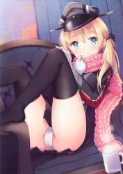 Rule 34 | 10s, 1girl, absurdres, ass, black thighhighs, blonde hair, blue eyes, chair, cup, gloves, hat, highres, kantai collection, long hair, map, mug, no shoes, nyanya, panties, panty peek, pantyshot, peaked cap, pleated skirt, prinz eugen (kancolle), scan, scarf, sitting, skirt, smile, solo, steam, thighhighs, twintails, underwear, white gloves, white panties