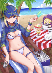 Rule 34 | 2girls, ;), afterimage, ahoge, ahoge wag, artoria pendragon (fate), baseball cap, beach, beer bottle, between fingers, bikini, blonde hair, blue eyes, blue hat, blue ribbon, blue sky, blurry, blurry foreground, blush, blush stickers, breasts, can, cat, chair, cleavage, closed mouth, cloud, coconut tree, cooler, day, drink can, expressive hair, fate/grand order, fate (series), feet out of frame, flag, food, hair between eyes, hat, highres, holding, holding food, hood, hood up, ice, ice cream, ice cream spoon, long sleeves, looking at viewer, lounge chair, lying, medium breasts, melting, motion lines, multiple girls, mysterious heroine x (fate), mysterious heroine x alter (fate), mysterious heroine xx (fate), navel, ocean, on back, one eye closed, palm tree, ponytail, popsicle, ribbon, sand, shiunnkaku, short hair, shrug (clothing), side-tie bikini bottom, sidelocks, sky, smile, soda can, solo focus, spoon, stomach, striped, sundae, sweatband, swimsuit, table, tablecloth, thigh strap, tree, white bikini, white cat, yellow eyes, zipper