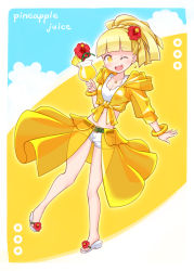 Rule 34 | 1girl, ;d, belt, belt buckle, blonde hair, breasts, buckle, cleavage, collarbone, crazy straw, crop top, cup, drinking glass, drinking straw, flower, full body, green belt, hair flower, hair ornament, harada (sansei rain), highres, holding, holding cup, hood, hood down, hooded jacket, jacket, long sleeves, midriff, navel, one eye closed, open mouth, original, personification, ponytail, red flower, sandals, see-through, shirt, short shorts, shorts, small breasts, smile, solo, standing, standing on one leg, teeth, tropical drink, upper teeth only, white footwear, white shirt, white shorts, yellow eyes, yellow jacket