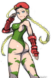 Rule 34 | 1girl, ahoge, akairiot, ass, beret, blonde hair, blue eyes, bodypaint, braid, breasts, cammy white, camouflage, capcom, elbow gloves, fingerless gloves, from behind, gloves, hat, huge ahoge, leotard, long hair, looking back, md5 mismatch, salute, scar, simple background, sketch, solo, street fighter, thong leotard, twin braids