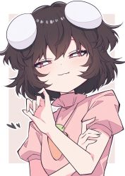 Rule 34 | 1girl, :3, absurdres, animal ears, blush, border, bright pupils, brown hair, carrot necklace, commentary request, dress, fang, fang out, floppy ears, hair intakes, half-closed eyes, hand up, highres, inaba tewi, jewelry, looking at viewer, necklace, outline, outside border, pink background, pink dress, pink eyes, puffy short sleeves, puffy sleeves, rabbit ears, raised eyebrows, short hair, short sleeves, smug, solo, touhou, tsukimirin, upper body, white border, white outline, white pupils