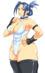 Rule 34 | 1girl, abs, arika, armor, black thighhighs, blair dame, blue eyes, blue hair, breasts, capcom, cleavage, cleavage cutout, clothing cutout, collar, curvy, fingerless gloves, gloves, green eyes, hair ornament, hairclip, hand on own hip, hip focus, iad, japanese armor, kote, large breasts, leotard, lips, matching hair/eyes, smile, solo, street fighter, street fighter ex (series), thick thighs, thighhighs, thighs, updo, wide hips