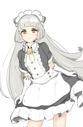 Rule 34 | 1girl, alternate costume, apron, buttons, chaos puss in boots (grimms notes), elbow gloves, gloves, grimms notes, highres, long hair, maid, maid apron, maid headdress, ribbon, simple background, smile, solo, truenoobmgr, white background, white gloves, white hair, yellow eyes, yellow ribbon