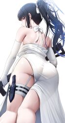 Rule 34 | 1girl, absurdres, ass, backless dress, backless outfit, blue archive, blue eyes, blue hair, blue halo, breasts, choker, colored inner hair, doyoon 7, dress, elbow gloves, garter straps, gloves, halo, highres, holding, holding weapon, knife, large breasts, multicolored hair, official alternate costume, ponytail, saori (blue archive), saori (dress) (blue archive), sidelocks, strapless, strapless dress, thigh sheath, weapon, white choker, white dress, white garter straps, white gloves
