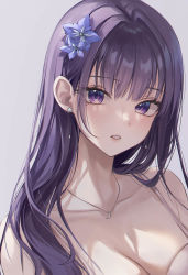 Rule 34 | 1girl, breasts, cleavage, collarbone, crescent, crescent necklace, earrings, flower, genshin impact, hair flower, hair ornament, highres, jewelry, long hair, looking at viewer, mole, mole under eye, necklace, parted lips, purple eyes, purple hair, raiden shogun, rine (rine on), simple background, solo, star (symbol), star earrings, upper body