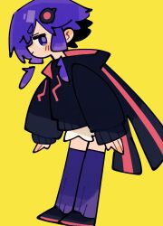 Rule 34 | 1girl, adpx, animal hood, black hoodie, blush, chibi, closed mouth, commentary, detached hair, from side, full body, highres, hood, hood down, hoodie, jitome, light smile, long sleeves, looking at viewer, looking to the side, pink hoodie, profile, purple eyes, purple hair, purple thighhighs, rabbit hood, short hair with long locks, simple background, solo, thick eyebrows, thighhighs, toes up, two-tone hoodie, v-shaped eyebrows, vocaloid, voiceroid, yellow background, yuzuki yukari
