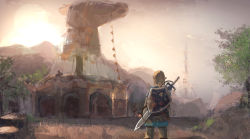Rule 34 | 1boy, arms at sides, blonde hair, building, day, from behind, gauntlets, grass, highres, hut, hylian shield, link, misaki nonaka, nintendo, outdoors, pants, pointy ears, ponytail, scenery, shield, shield on back, standing, sun, sword, the legend of zelda, the legend of zelda: breath of the wild, tower, tree, tunic, weapon, weapon on back