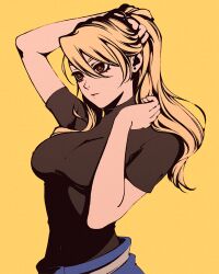 Rule 34 | 1girl, arm up, black shirt, blonde hair, breasts, brown eyes, fullmetal alchemist, hand in own hair, large breasts, moshimoshibe, parted lips, ponytail, riza hawkeye, shirt, short sleeves, sidelocks, simple background, solo, tight clothes, tight shirt, upper body, yellow background