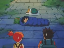 Rule 34 | 1990s (style), animated, animated gif, ash ketchum, brock (pokemon), creatures (company), game freak, gen 1 pokemon, gong, hat, lowres, misty (pokemon), night, nintendo, pikachu, pokemon, pokemon (anime), pokemon (creature), retro artstyle, sleeping, sleeping bag
