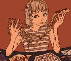 Rule 34 | 1girl, blonde hair, food, food on face, fork, hair ornament, hairclip, holding, holding food, knife, muted color, original, pasta, pizza, plate, red background, shirt, short hair, sleeveless, sleeveless shirt, solo, spaghetti, spoon, striped clothes, striped shirt, upper body, yuusei tsukiro