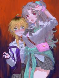 Rule 34 | 2girls, absurdres, ahoge, bag, black background, black hair, black nails, blonde hair, blush, bow, bowtie, breasts, clothes around waist, earrings, eyelashes, fang, gradient background, green eyes, grey hair, handbag, height difference, highres, jacket, jacket around waist, jewelry, large breasts, long hair, looking at viewer, makeup, mascara, miniskirt, mole, mole under eye, multicolored background, multicolored hair, multiple earrings, multiple girls, nail polish, necklace, off shoulder, open mouth, original, piercing, plaid, plaid skirt, pleated skirt, red background, red eyes, school uniform, scrunchie, short hair with long locks, shoulder bag, skirt, skull, skull necklace, sleeves past wrists, sleeves rolled up, thighs, tongue piercing, track jacket, two side up, v, v over eye, wavy hair, wrist scrunchie, yatatashira, yuri