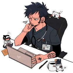 Rule 34 | ;(, bad id, bad pixiv id, bepo, black hair, chair, chibi, coffee mug, computer, cup, doctor, earrings, facial hair, from above, jewelry, laptop, male focus, mug, one piece, penguin (one piece), shachi (one piece), solo focus, tattoo, tbt, trafalgar law